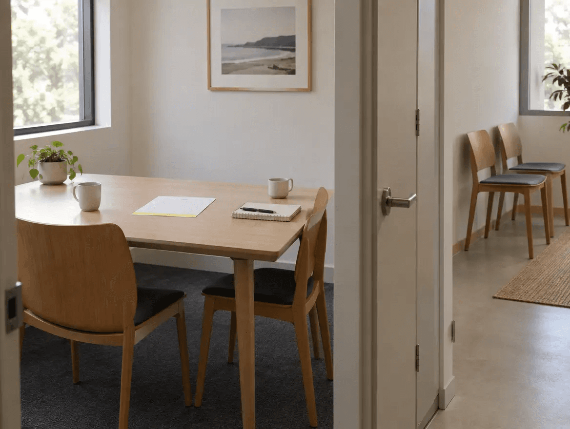 Owner and staff member in a small meeting room with a notepad and a short list of questions on the table