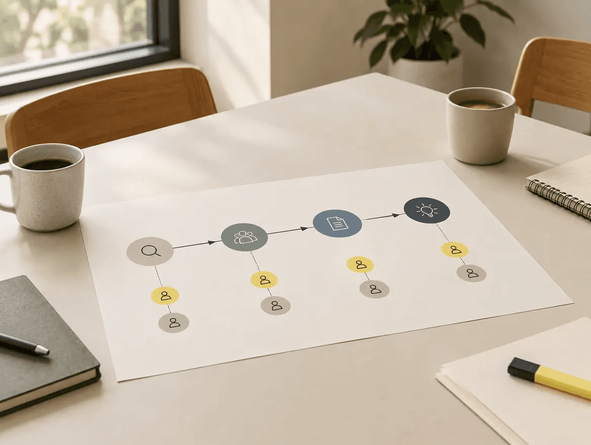 Timeline of investigation stages with matching update points for both parties