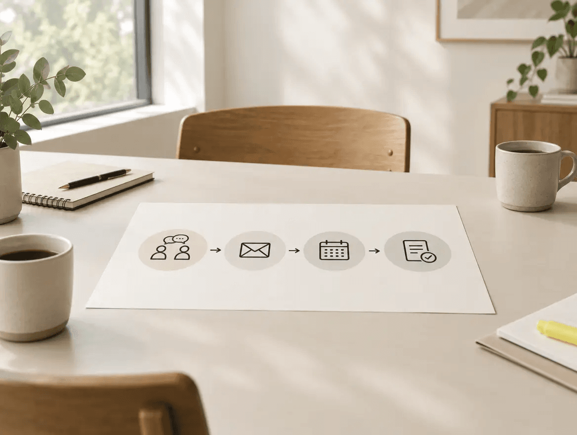 Four-step flow from conversation to follow-up email, check-ins and review