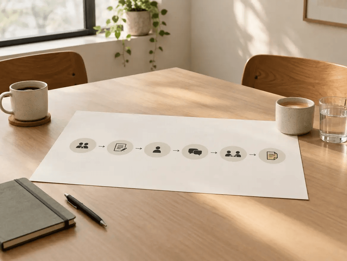 Six-step flow of a workplace mediation from invitations to written outcome note