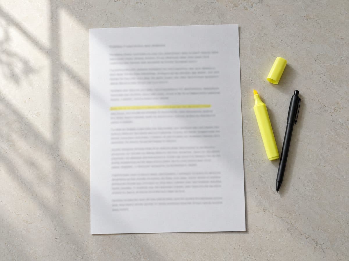 A printed page on a stone desk with one line marked in yellow highlighter, a highlighter and pen beside it.