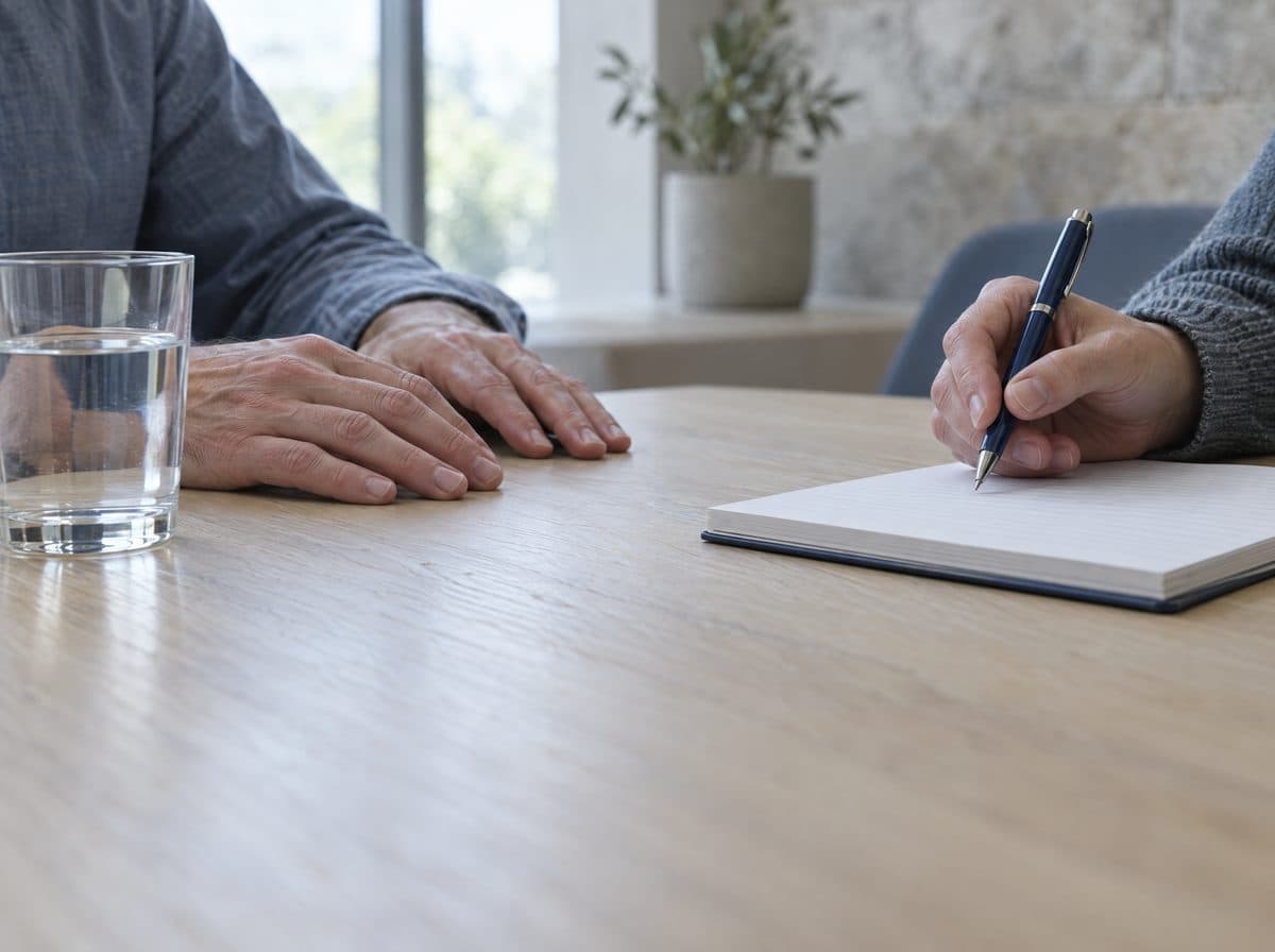 Two people's hands on a meeting table, one resting beside a glass of water, one holding a pen over a notepad.