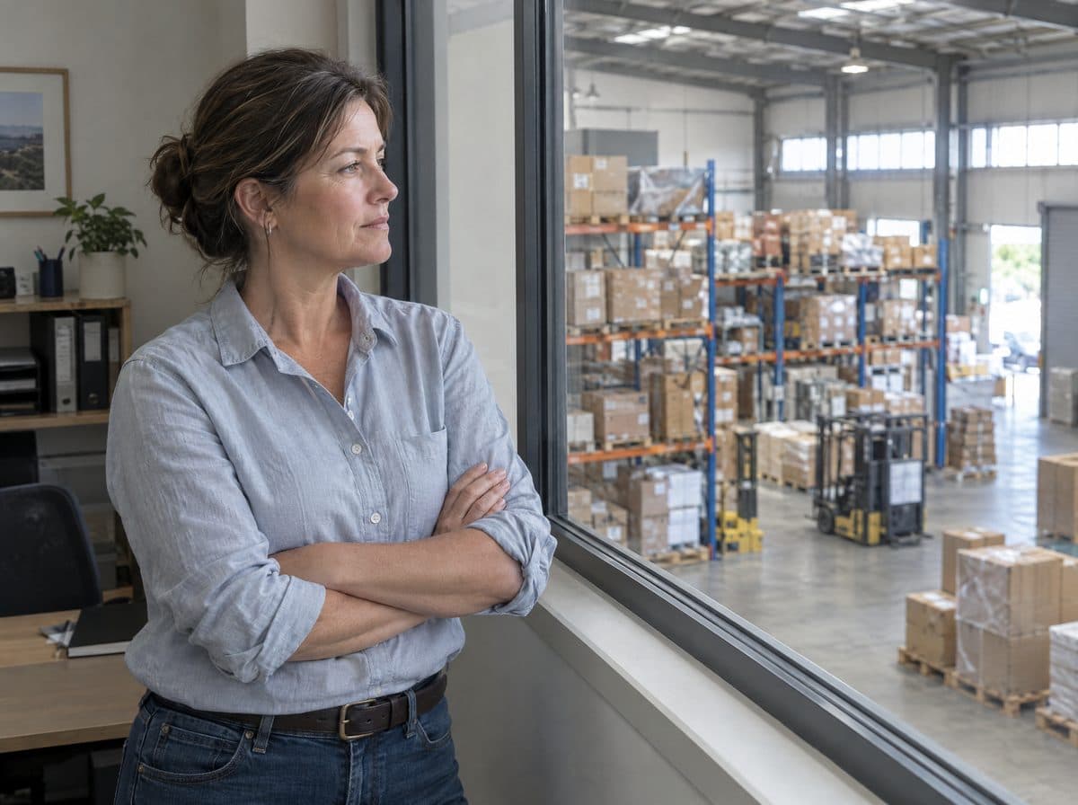 A business owner stands at her office window looking over a warehouse floor, arms folded.