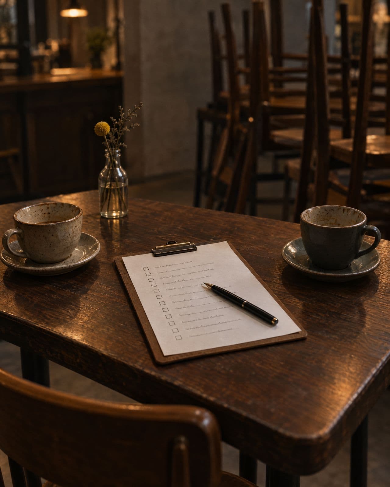 A checklist on a clipboard between two coffee cups on a cafe table after closing.