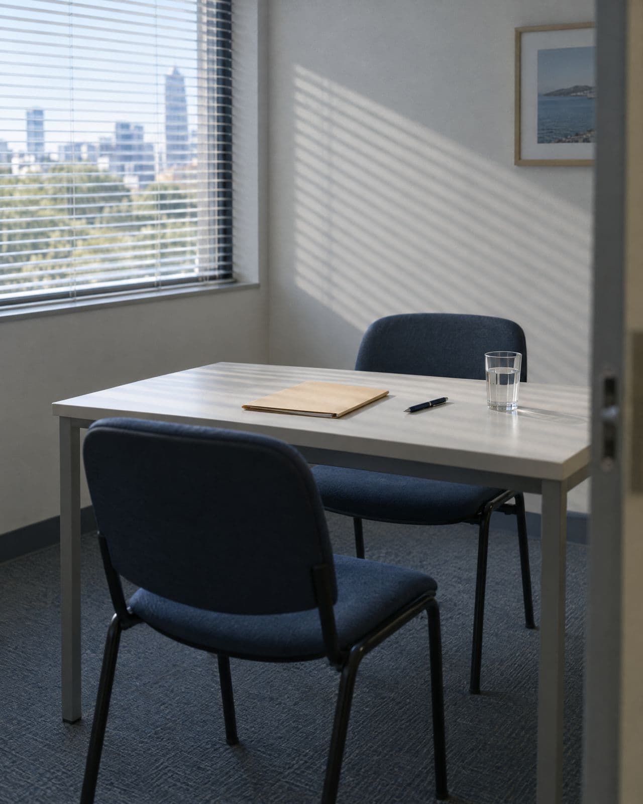 An empty interview room with a small table, two chairs, a closed folder and a glass of water.