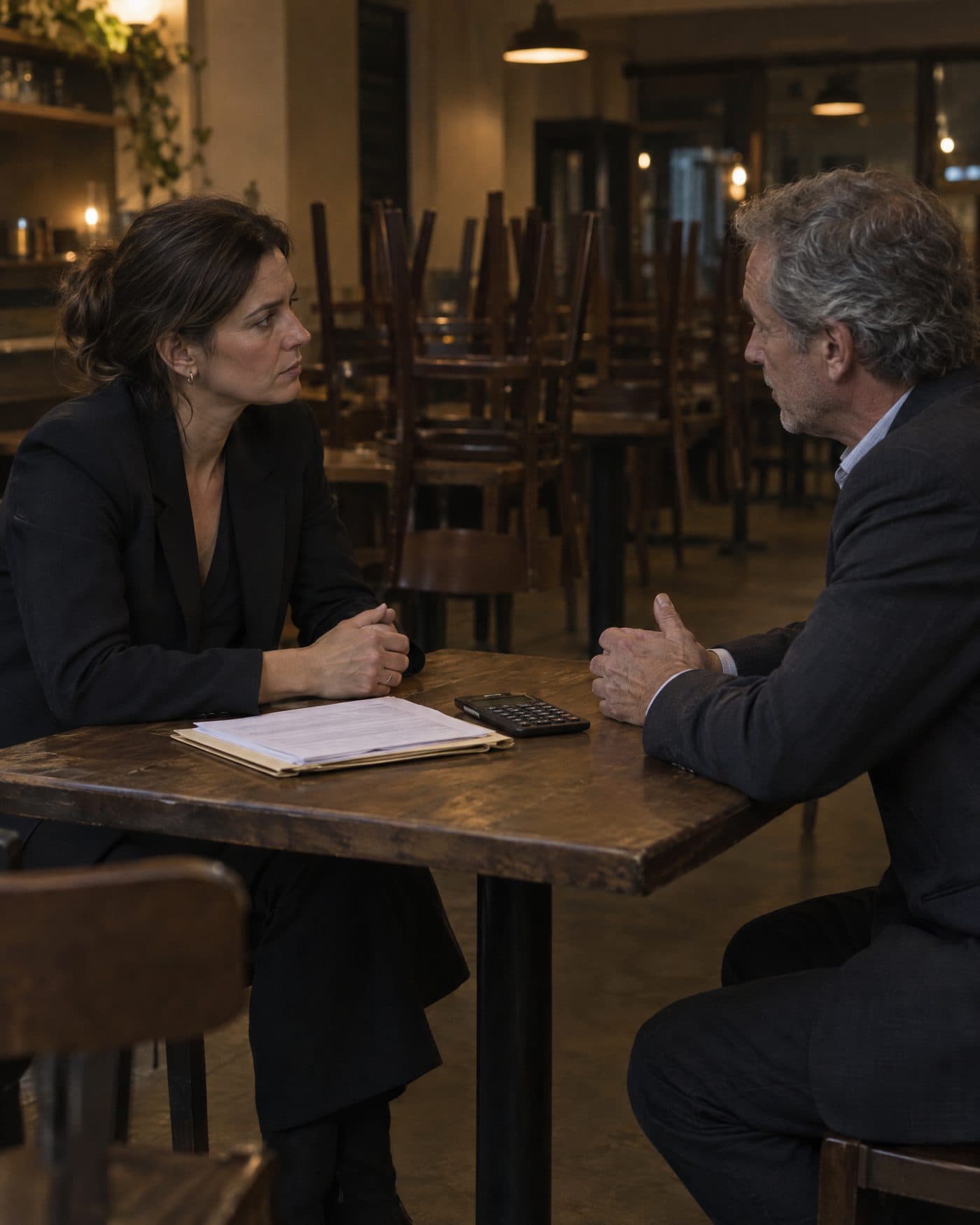 Two business partners across a cafe table after closing.