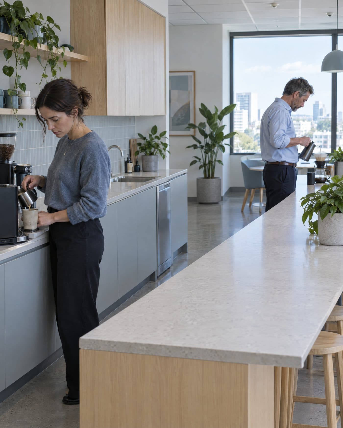 Two colleagues keeping their distance in an office kitchen.