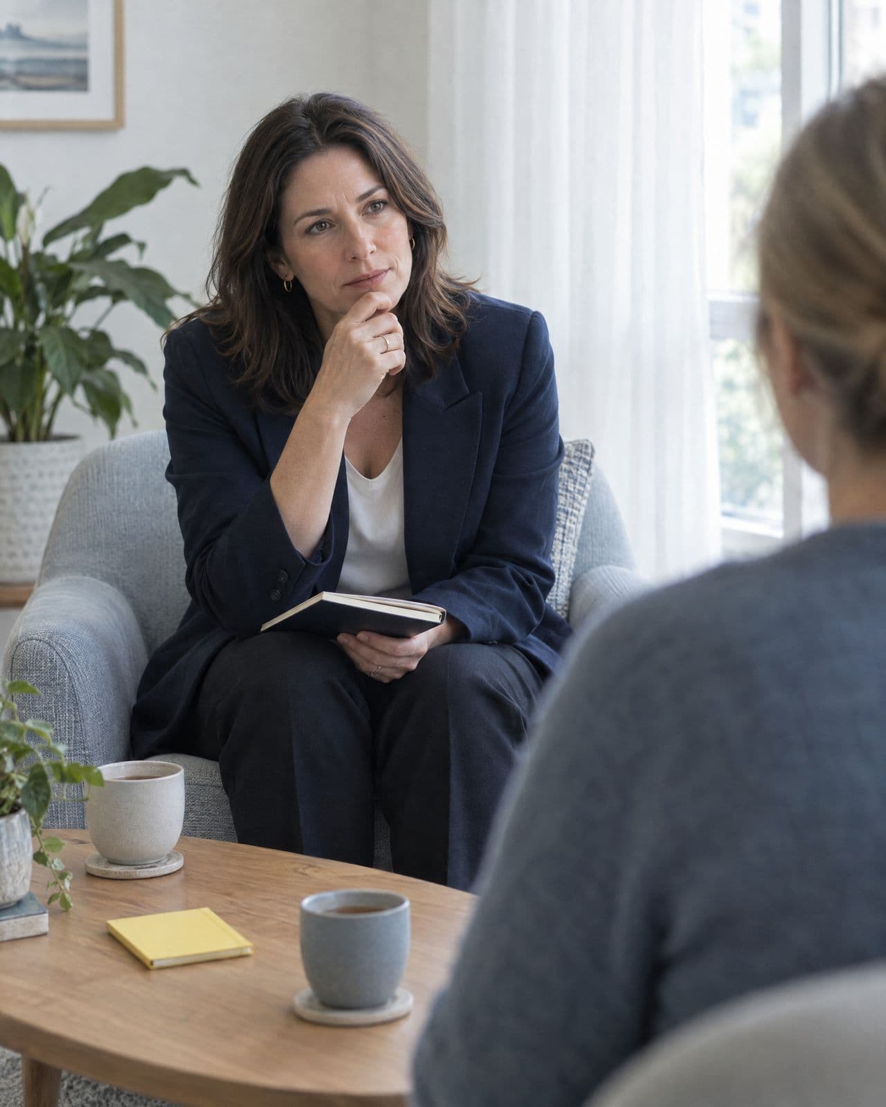 A leader in a coaching conversation, leaning forward in an armchair with a notebook, her coach out of focus in the foreground.