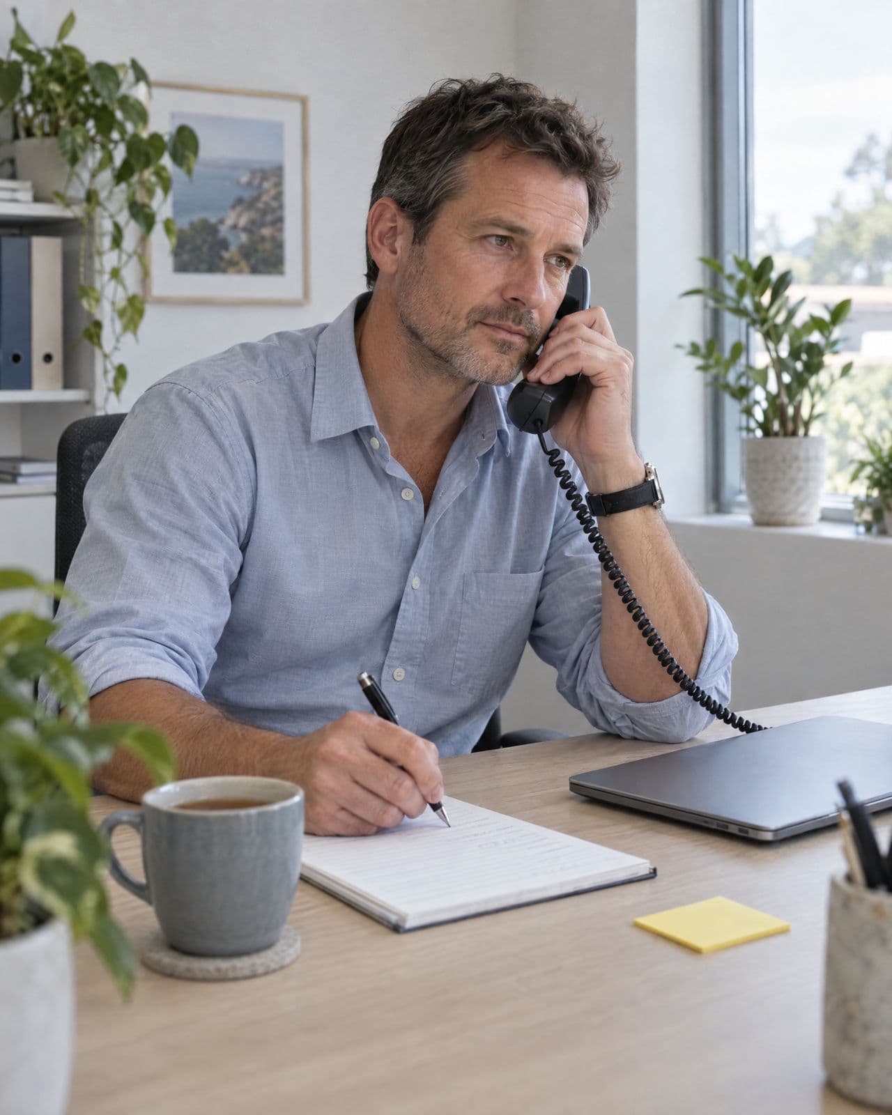 An operations manager at his desk on a phone call, taking notes on a lined pad.