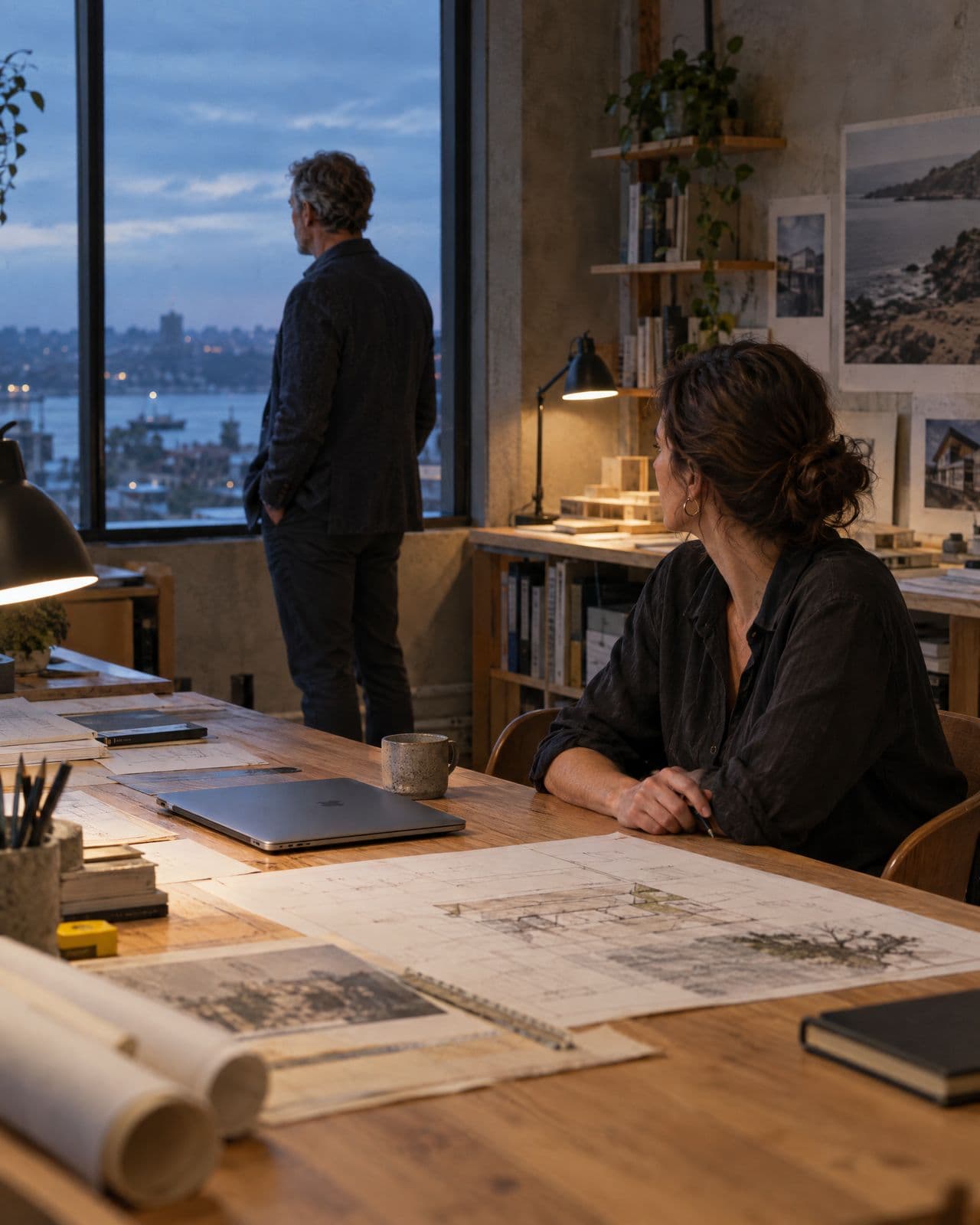 Two business partners in a studio after hours, one standing at the window, the other seated at a worktable.