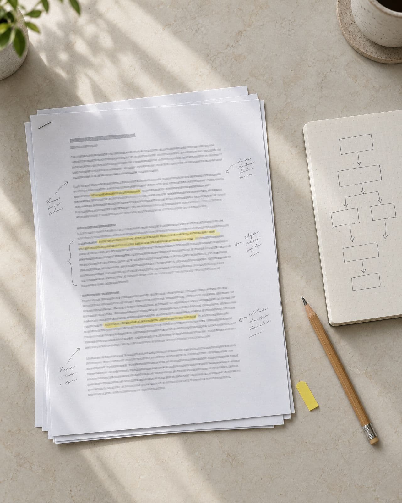 A printed policy document with pencil notes and highlighted lines beside a hand-drawn flowchart.