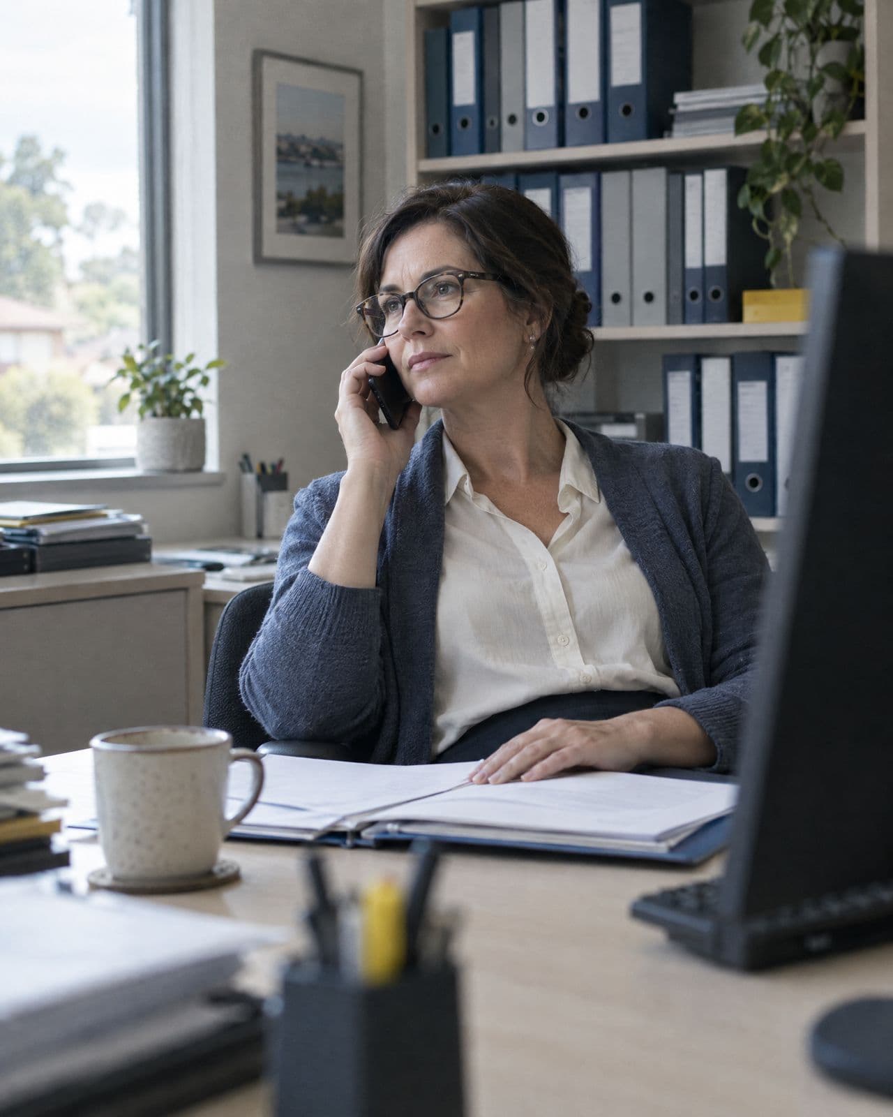An accountant on a phone call in her office.